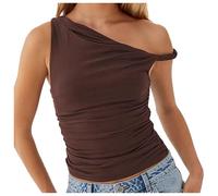 Débardeur pour femme asymétrique épaules design élégant plis couleur unie collection été minceur bretelles top tendance, marron, S
