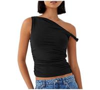 Débardeur pour femme asymétrique épaules design élégant plis couleur unie collection été minceur bretelles top tendance, Noir , S