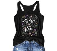 Débardeur pour femme avec citation chrétienne « Be Still & Know » - T-shirt sans manches avec motif floral et dos nageur | Haut d'été avec message de foi, Stil_q01 Noir, M