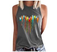 Débardeur pour femme coloré avec imprimé cœur patte de chien Hauts tendance sans manches/manches courtes T-shirt ample col rond Débardeurs d'été épaules dénudées Chemisier décontracté Hauts légers à