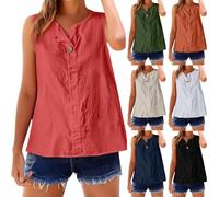 Débardeur pour femme en coton et lin - Gilet de sortie tendance décontracté sans manches confortable et respirant - Haut d'été boutonné - Couleur unie - Col en V, Noir , XL