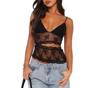 Débardeur pour femme en dentelle florale - Sans manches - Dos nu - Maille transparente - Coupe ajustée - Y2K, Noir , S