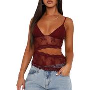 Débardeur pour femme en dentelle florale - Sans manches - Dos nu - Maille transparente - Coupe ajustée - Y2K, rouge, S