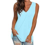 Débardeur pour femme - Grande taille - Coupe ample - Col en V - Fente - Tendance - Débardeurs décontractés pour femmes et filles, bleu ciel, S