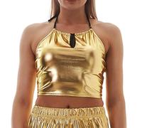 Débardeur pour femme sans manches dos nu à lacets Party Club à bretelles spaghetti Chemises décontractées vintage métalliques Vêtements de danse tendance Costume de danse confortable, O Gold, S