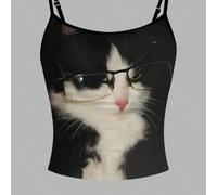 Débardeur pour femmes avec l'impression d'un chat noir et blanc avec des lunettes, mignon et original 0XL,1XL,2XL,3XL,4XLAnimalTissu tricoté