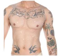 Débardeur pour homme - Coupe ajustée - En maille - Manches courtes - Paillettes - Transparent - Avec résille de poisson - Chemise de sport - Muscle sexy - Sans manches - Pour l'été, argenté, L