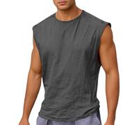 Débardeur pour homme en coton et lin - Sans manches - Col rond - Chemise d'été décontractée - Vintage - Coupe ample - T-shirt de course - Respirant - Léger, gris, 3XL