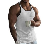 DéBardeur pour Hommes Haut de Sport CôTelé Chemises Musculation sans Manches Col Rond Contraste DéBardeur Fonctionnelle EntraîNement Shirt pour Ete (White, XXL)