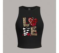 Débardeur près du corps à col rond imprimé léopard décontracté pour femmes, adapté pour l'été L,M,S,XL,XS,XXL,XXS,XXXL,XXXXLGéométrique,Cœur,Lettres,Motif texturéTissu tricoté