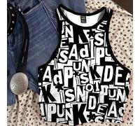 Débardeur près du corps à encolure ras du cou d'été, motif graffiti en lettres anglaises imprimé intégralement, style simple et décontracté pour femmes artistes L,M,S,XL,XS,XXL,XXS,XXXL,XXXXLLettres,T