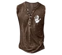 Debardeur Running Homme, Tee Shirt Homme sans Manche, Mode D'Été pour Rétro Vieux Basique Bouton Patte Petit Imprimé Chemise sans Manches T-Shirt Gilet Imprimé (Brown L)