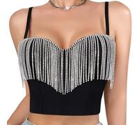 Débardeur sans manches à franges scintillantes pour femme - Haut court caraco bustier tendance - Tenue de rave, tenue de soirée, Noir , XL