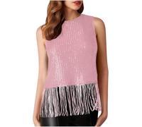 Débardeur sans manches à paillettes pour femme - Haut à franges scintillantes pour femme - Débardeurs à paillettes à col rond - Haut à pompons - Tenue de fête, boîte de nuit - T-shirt scintillant
