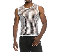 Débardeur sans manches en maille transparente pour homme - Débardeur en résille ajourée - T-shirt sans manches pour entraînement de gym, été, fête, boîte de nuit, blanc, XXL