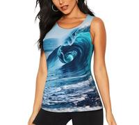 Débardeur sans manches pour femme Imprimé vague de mer océan Pour yoga et course à pied, noir, Taille XL