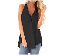 Débardeur sans manches pour femme - T-shirt d'été respirant - Long gilet ample - Léger - Vêtements de travail - Chemises de vacances confortables en mousseline de soie - Couleur unie - Col en V, Noir