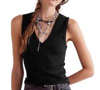 Débardeur Sexy à Col en V pour Femmes, Débardeur de Base pour I'été, Camisole à Côtes Amincissante pour le Shopping(Black,S)