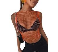 Débardeur sexy en maille pour femme avec strass et paillettes - Haut court en résille brillant pour festival, club, rave, orange fluo, M