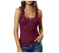 Débardeur sexy en tricot pour femme avec bouton - Été élégant - Hauts côtelés - Sans manches - Col en V - Basique - Couleur unie - Haut tricoté - Coupe ajustée - Décontracté - Pour femme - Pour l'été