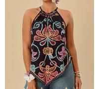 Débardeur style bohème d'été grande taille, épaules découvertes, imprimé multicolore, pour les vacances 0XL,1XL,2XL,3XL,4XL,5XLFloral,Motif Paisley,Plantes,Tout ImpriméTissu tissé