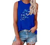 Débardeur tendance sans manches extensible pour femme - Débardeur d'été sans manches - Motif papillon floral - Coupe ample - Joli t-shirt tunique, bleu, XL