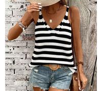Débardeur tricoté sans manches col V rayures noires et blanches pour femmes, style bohème décontracté d'été, idées polyvalentes de vacances et de fêtes pour femmes L,M,SRayéTricots