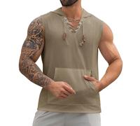 Débardeurs à Capuche sans Manches à Lacets avec Poche pour l'été, la Plage, Le Fitness, l'entraînement, la Gym, Sweat à Capuche Kaki pour Homme, L