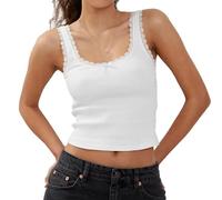 Débardeurs décontractés pour femmes, chemisier, tunique, gilet, chemises pour femmes, débardeurs mignons en tricot côtelé avec nœud en dentelle, haut sexy d'été à col carré, sans manches, hauts de