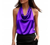 Débardeurs en soie pour femmes avec col rond, dos nu, sans manches, haut halter, satin élégant pour sortir, chemise cami pour dames, violet foncé, S