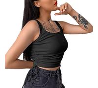 Débardeurs Femme Eté Jeune Mode Court Débardeur Crop Top Uni Manche sans Manches Vest avec Cordon De Serrage (Noir,S)