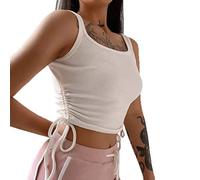 Débardeurs Femme Eté Jeune Mode Court Débardeur Crop Top Uni Manche sans Manches Vest avec Cordon De Serrage (Blanc,S)