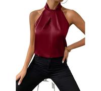 Débardeurs Femmes Twist Front Halter Neck Silk Satin Top, Dark Red, S