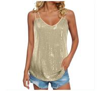 Débardeurs Paillettes Femme 2026 Chic Et Élégant Soiree Hauts Sexy col en V Tee Shirt Bretelles et Paillette Party Club Chemisiers et Blouses Femme Chemises sans Manches Sequins Carnaval Haut Vetement