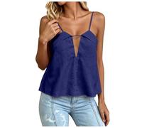 Debardeurs-Tops Femme Double Couche Col V Ample sans Manches Chic Bureau Leger Transparence Casual Tunique Couleur Unie (Dark Blue, M)