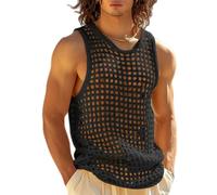 Débardeurs tricotés sans manches homme, tee-shirt plage décontracté ajouré | débardeur de musculation d’été pour plage coupe courte en résille crochet, maillot corps transparent ample respirant