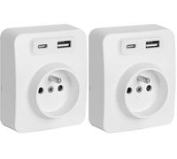DEBFLEX - Blok - Double Prise USB 3,1A (Prises USB-A et C) + Prise 2P+T- Prise Murale - Pose en Saillie - Idéale Rénovation - Blanc (Lot de 2)