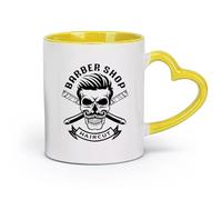 DEBINGY céramique Coffret cadeau pour tasse à latte avec anse Rasoir droit Skull Barber Shop （11oz/320ml） Parfait pour les cuisines, restaurants et cafés, excellente idée cadeau Jaune