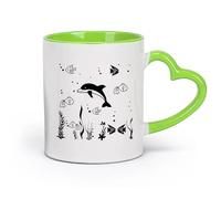 DEBINGY céramique Coffret cadeau pour tasse à latte avec anse Vie marine Animaux mignons Dauphin Poisson École （11oz/320ml） Pour hommes et femmes Vert