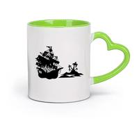 DEBINGY céramique Tasse à café, Bateau pirate dans l'océan Utilisation d'un bateau pirate sur une île （11oz/320ml） Pour boissons chaudes, latte, cappuccino Vert