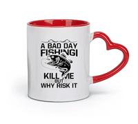 DEBINGY céramique Tasse à café une mauvaise journée de pêche me tue mais pourquoi risquer la pêche typographie graphique （11oz/320ml） Joli cadeau de Noël Rouge
