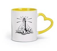 DEBINGY céramique Tasse en céramique pour la maison et le bureau Phare Plage Océan Voile Vagues Mer （11oz/320ml） Café, thé, latte, lait, cacao, jus et autres boissons chaudes Jaune