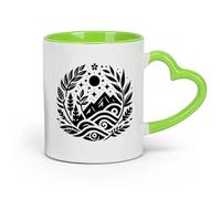 DEBINGY céramique Tasses à café et à thé nature circulaire avec montagnes, soleil, étoiles, eau, arbres et feuillage dans un design stylisé （11oz/320ml） Lave-vaisselle Vert