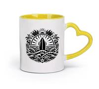 DEBINGY céramique Tasses blanches Planche de surf ronde avec palmiers et fleurs sur les vagues ensoleillées de l'océan （11oz/320ml） Pour expresso Jaune