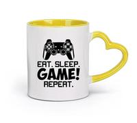 DEBINGY céramique Tasses et tasses tendance Manette de jeu vidéo Eat Sleep Game Référence répétée （11oz/320ml） Lave-vaisselle et micro-ondes, pour le bureau et la maison Jaune