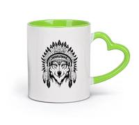 DEBINGY Tasses à thé, à café et à chocolat chaud Un loup portant la coiffe d'un chef indien （11oz/320ml） Idéal pour la maison, le bureau, les cafés, idées cadeaux Vert