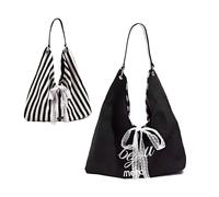 DeBizz Sac de plage à rayures noires - Double face - Grand sac tressé tendance pour femme - Sac essentiel pour l'université, l'école, le travail, les voyages, le shopping et la vie quotidienne, Noir 1