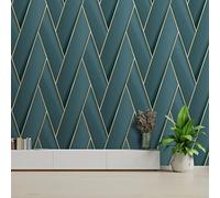 Debona Armando 2122 Papier peint en vinyle métallique Motif géométrique à chevrons Bleu sarcelle/doré
