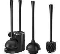 Déboucheur et Brosse de Toilette, Brosse de Toilette en Silicone et Piston de Toilette Robuste avec Support ventilé, Combo de Nettoyage 2 en 1 pour Salle de Bain avec Support (Noir)