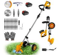 Débroussailleuse à Batterie 21V, Coupe Bordure sans Fil avec 2 Batterie et Chargeur 4 en 1, Tondeuse DéBroussailleuse avec Roue et 3 Sortes Lames, Compatibles avec Makita 18V Batterie (Jaune)